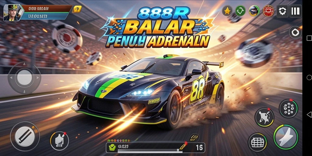Screenshot gameplay 888R menampilkan balapan seru di trek yang menantang.