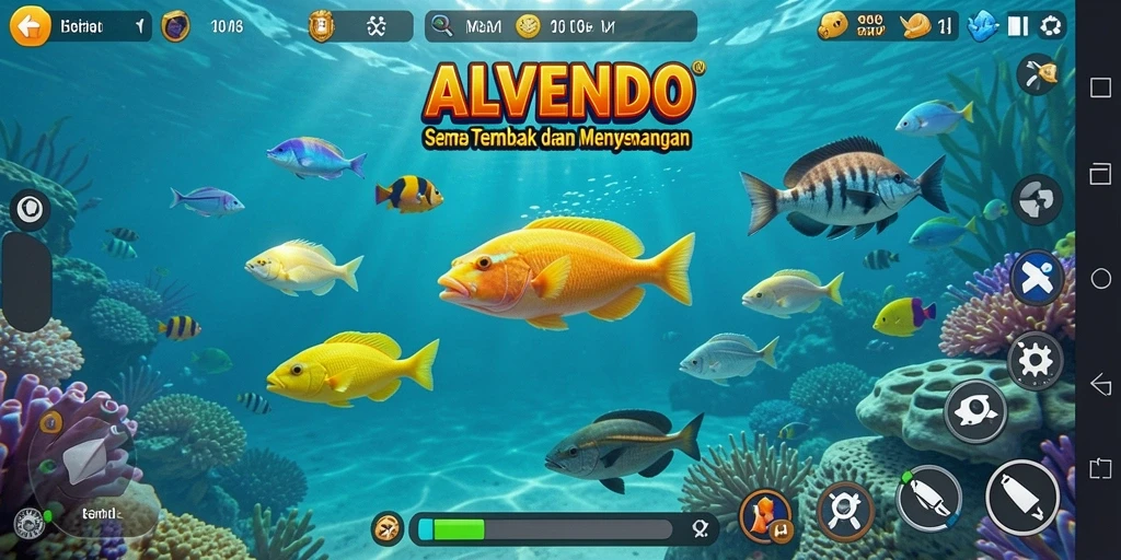 Screenshot gameplay ALVENDO menampilkan aksi menembak ikan yang seru.