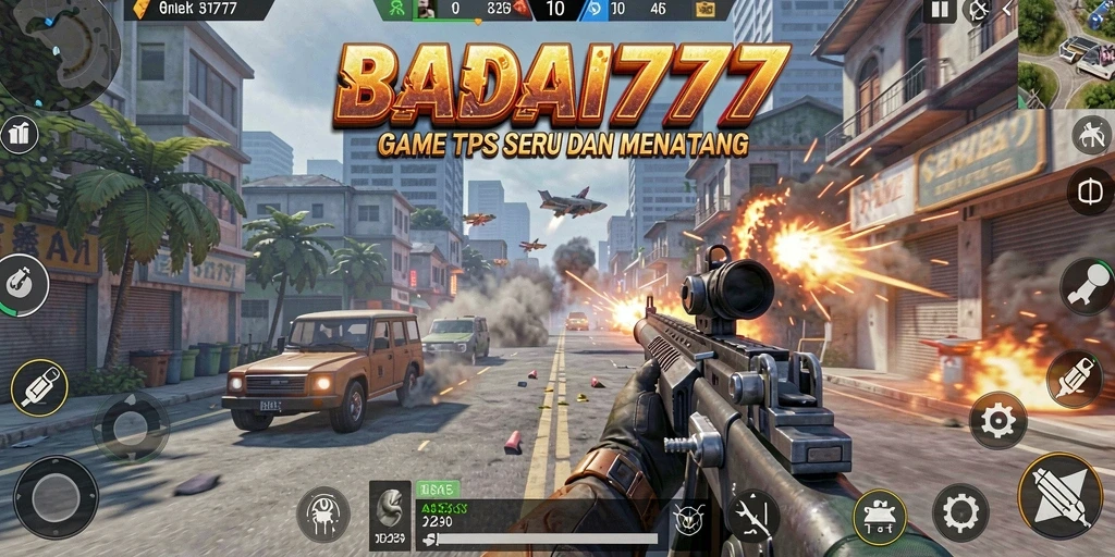 Tangkapan layar menunjukkan aksi seru di game BADAI777 dengan gameplay TPS yang intens.