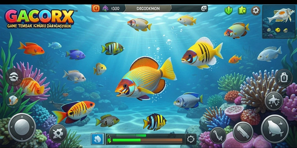 Tampilan gameplay GACORX saat menangkap ikan di lautan.