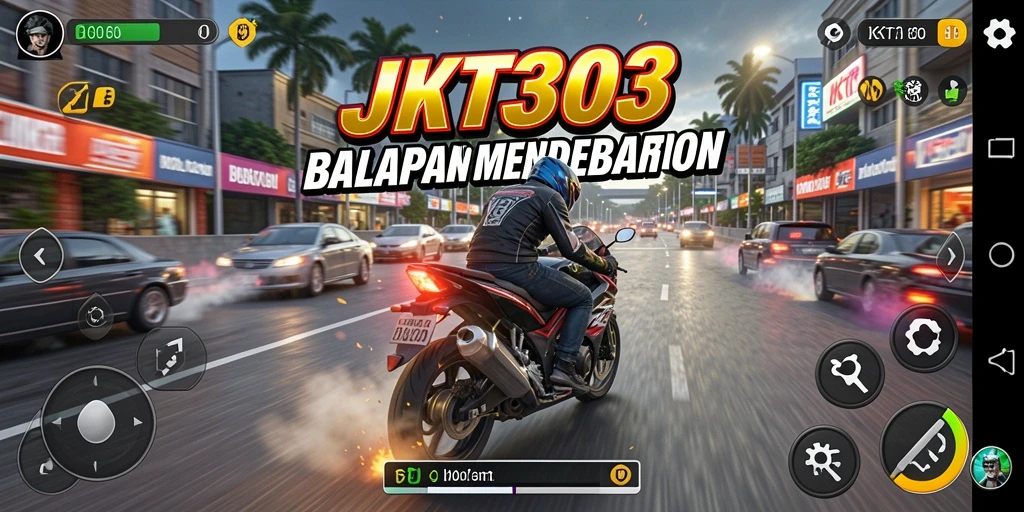 Screenshot utama JKT303 menampilkan balapan motor yang intens dan menegangkan.