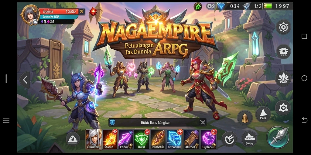 Tampilan gameplay NAGAEMPIRE yang epik dalam pertarungan ARPG.