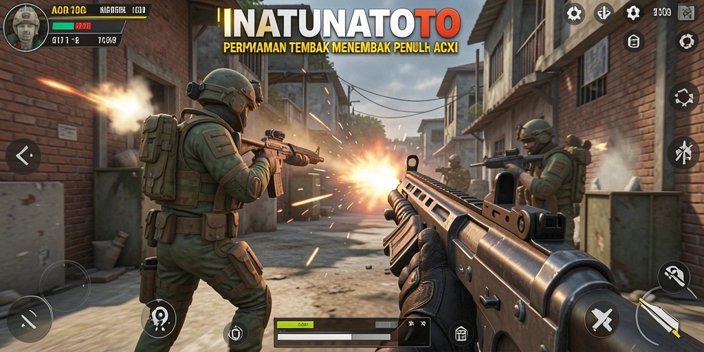 Tangkapan layar permainan NATUNATOTO menampilkan aksi tembak-menembak yang intens.