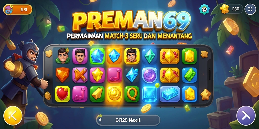 Screenshot utama PREMAN69 menampilkan gameplay Match-3 yang seru dan penuh warna.